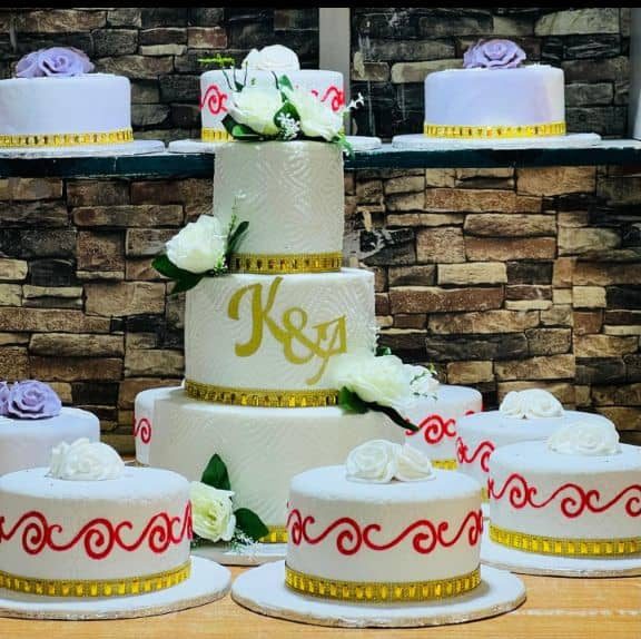 Three-tier wedding cake with roses